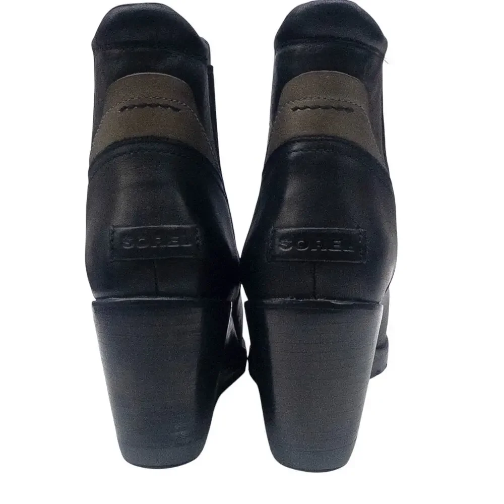 Sorel After Hours Chelsea Boot Wedge Heel Women's 9.5 Black Tan Taupe